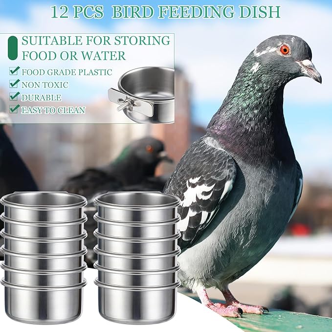 Ziliny 12 Pcs 10 oz Stainless Steel Bird Feeding Dish Cups Bird Feeder with Clamp Parrot Food Cups for Cage Pet Water Cage Bowls for Budgies Parakeet Cockatiel Small Animal