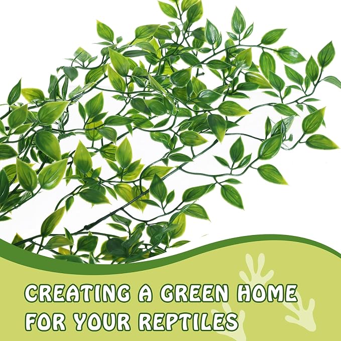 HERCOCCI Reptile Plants, 2 Pack Terrarium Hanging Plants Vines Artificial Leaves Habitat Decorations with Suction Cup for Bearded Dragon Hermit Crab Lizard Snake Geckos Chameleon