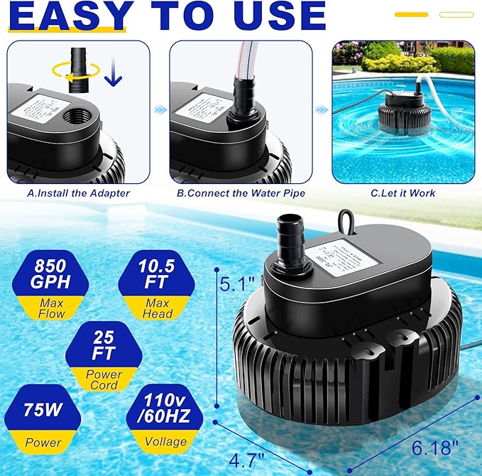 Pool Cover Pump above Ground-Submersible Sump Pump Swimming Water Removal Pumps, Sump Pumps for Pool Draining with 16ft Drainage Hose & 25 ft Extra Long Power Cord,850 GPH,3 Adapters-Black
