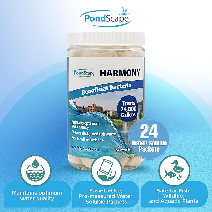 PONDSCAPE Harmony Beneficial Bacteria – Natural Clarifier Packets for Ponds, Waterfalls & Fountains – Supports Visual Clarity & Healthy Water Balance – 24 Packets