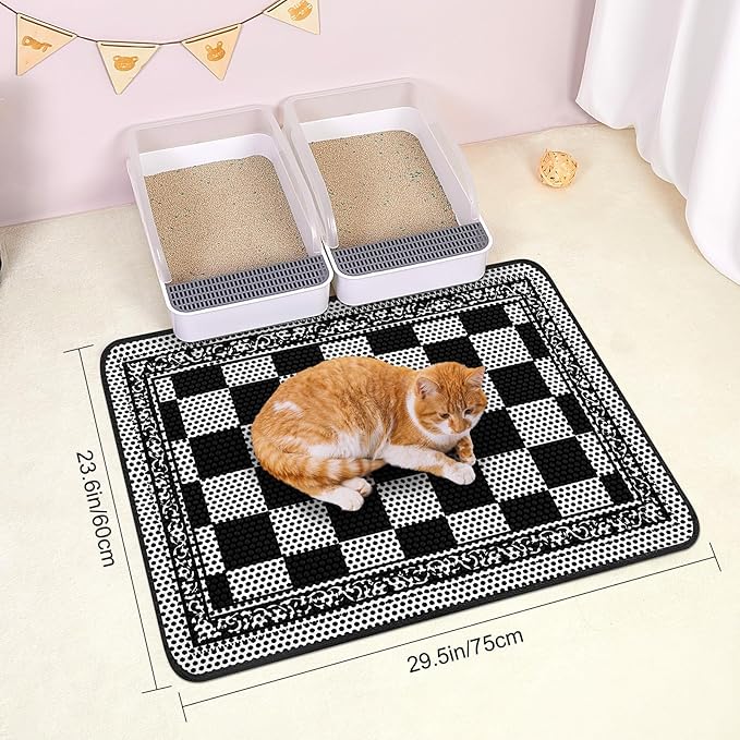Bienbee Cat Litter Mat, 30"x24" Litter Mat Double Layer Litter Trapping Mat, Reduces Tracking and Keeps Floors Clean,Checkerboard L