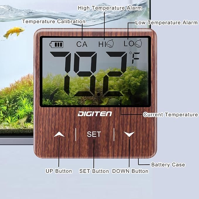 Digital Aquarium Thermometer, Fish Tank Thermometer with Large LCD Display, No Wires, Accurate Reading, Walnut Aquarium Thermometer