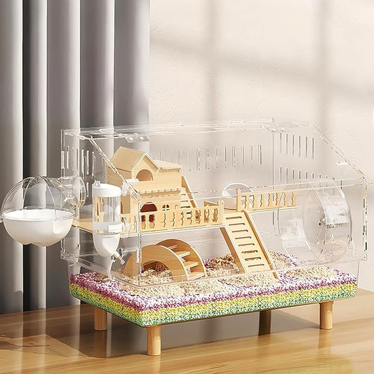 8 in 1 Acrylic Hamster Cage with All Accessories,18.5"x11.8"x14.6",2-Layer Hamster House with Full Transparent Viewing,Top Open Mouse Cage for Pet Mice,Hamster Habitat for Dwarf Hamster,Gerbils