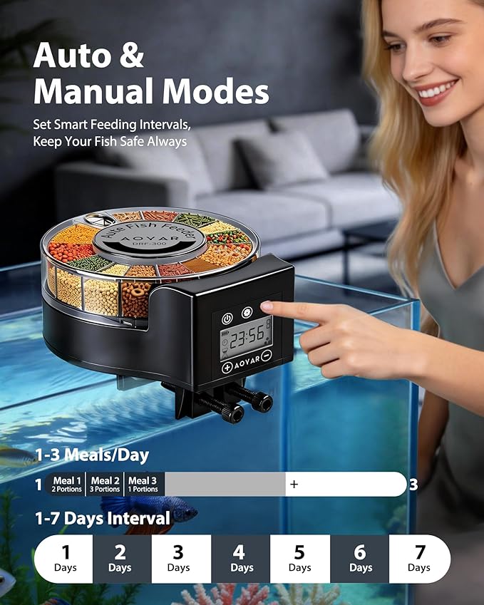 Automatic Fish Feeder Dispenser for Aquarium: Auto Precision Food Feeding 300ml Large Capacity for Powder Flakes Pellet, Battery Feeders Timer for Small Tank Turtle Betta Koi Vacation Weekend Day