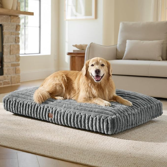 Bedsure ComfyFleece™ Fluffy Plush XXL Dog Bed Crate Pillow 47x29 Grey | Aesthetic Crate Bed for Balanced Support Cute Chopped Foam Pad with Removable Washable Cover Non-Slip Waterproof Cozy Pet Mat