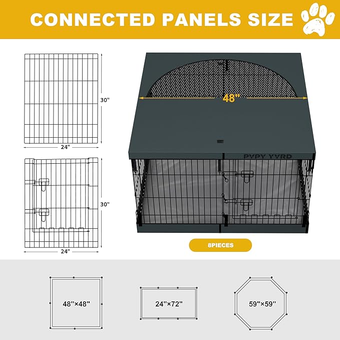 Dog Playpen with Top Cover and Bottom Pad - Foldable Metal Puppy Play Pen,24x30in 8 Panels Dog Playpen with Door for Indoor Outdoor,Heavy-Duty Pet Exercise Fence for Small Medium Animals