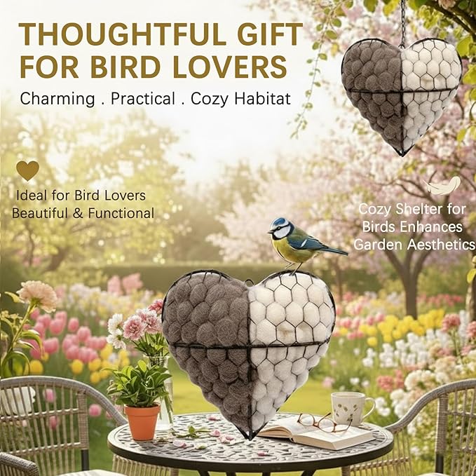 Bird Nesting Material, Hummingbird Nesters, Natural Alpaca Wool Material for Wild Birds, Design for Bird Lover Gifts, Refillable Outdoor Bird Nesting Station (Heart)