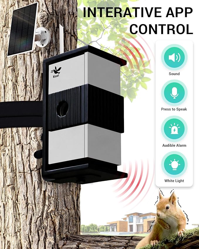 Bird House with Camera 2K HD, Solar & Battery Powered, Dual Night Vision, PIR Motion Sensor, Two-Way Audio, WiFi App Control, Weatherproof Wooden Smart Bluebird Nest Box for Outdoor Use, Gray