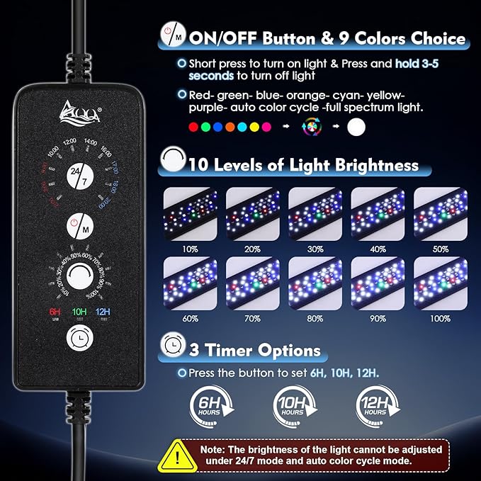 AQQA LED Aquarium Light 30W for 18-24 Inch Fish Tank, 24/7 Mode&DIY Mode Full Spectrum Fish Tank Light, IP68 Waterproof High Lumen Aquarium Plant Light, Adjustable Brightness/Timer, Memory Function