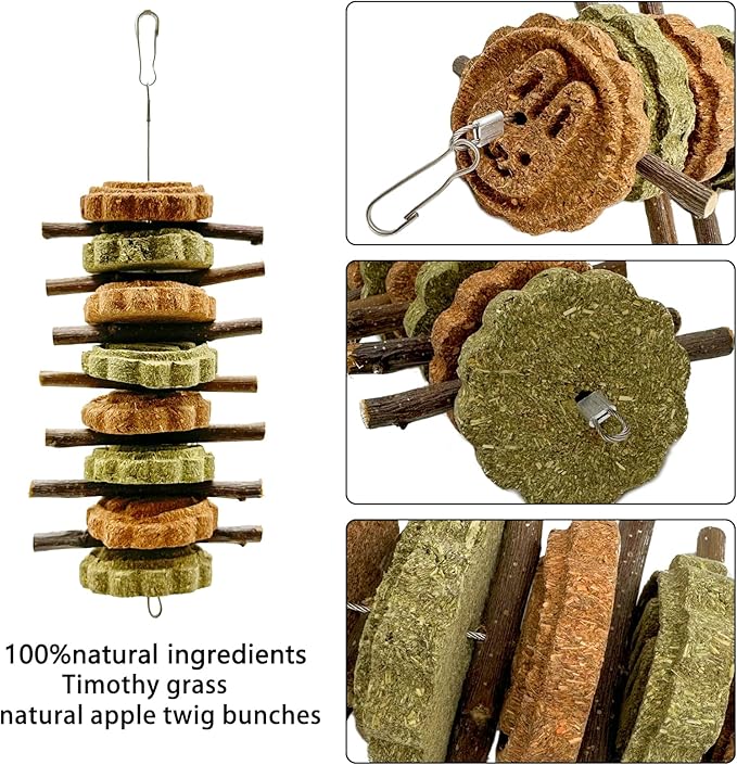 Rabbit Hanging Chew Toys Bunny Chew Toys Natural Apple Wood Branches with Grass Balls Cake Improve Teeth Health Hamster Rabbit Chinchilla Teeth Grinding Treats