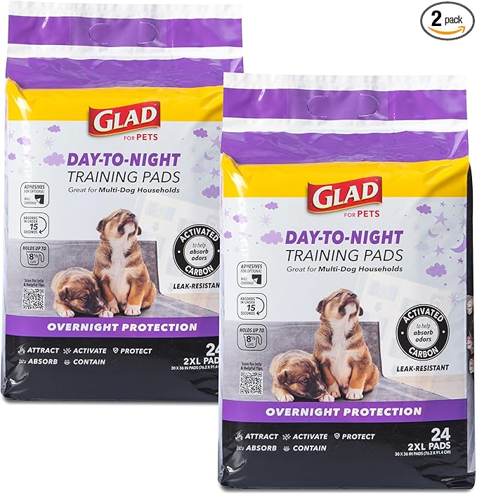 Glad for Pets Day to Night Activated Carbon Puppy Training Pads, Odor Control Disposable Dog Pads with Adhesive and Wall Protection, Leak Proof and Super Absorbent, 30 x 36 Inch, 24 Count - 2 Pack