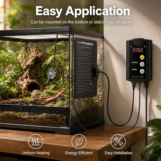 Aiicioo Under Tank Heater Thermostat - Reptile Heating Pad with Temperature Control Reptile Heat Mat for Combo Set for Hermit Crab Lizard Terrarium 8W