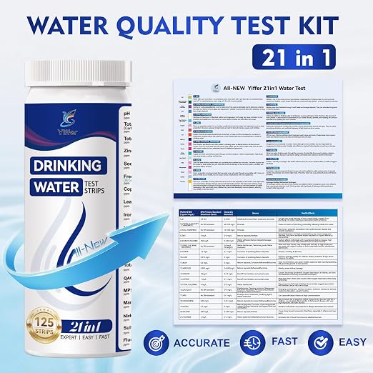 21-in-1 Drinking Water Test Strips, 125ct for Well & Tap | Manual,Works for pools&Aquarium,Tests Lead, Fluoride, Chlorine, Hardness, pH, Iron, Copper, Nickel, MPS & more