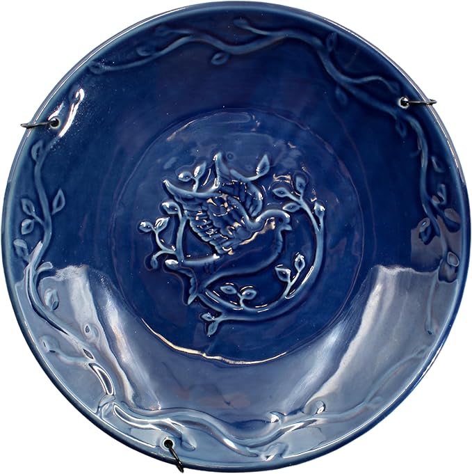 Blue Ceramic Bird Bath Bowl - Hanging Bird Baths for Outdoors - 12-Inch Glazed Ceramic Bowl with Embossed Bluebird & Flower Design - Metal Chain & Hook