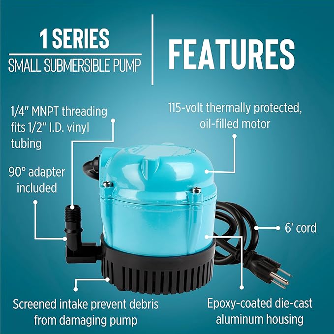 Little Giant #1 115 Volt, 1/150 HP, 205 GPH Direct Drive Small Submersible Fountain Pump with 6-foot cord, Blue, 501003
