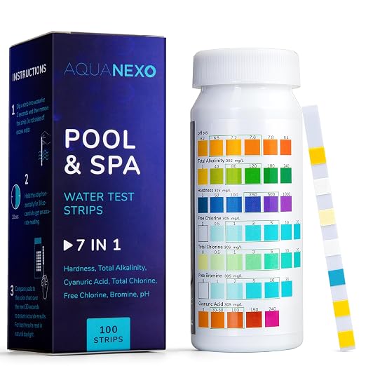 7 in 1 Pool & Spa Test Strips - 100 Strip Water Testing Kit for Swimming Pool, Hot Tub & Spa - Tests Free & Total Chlorine, Bromine, pH, Alkalinity, Hardness, Cyanuric Acid
