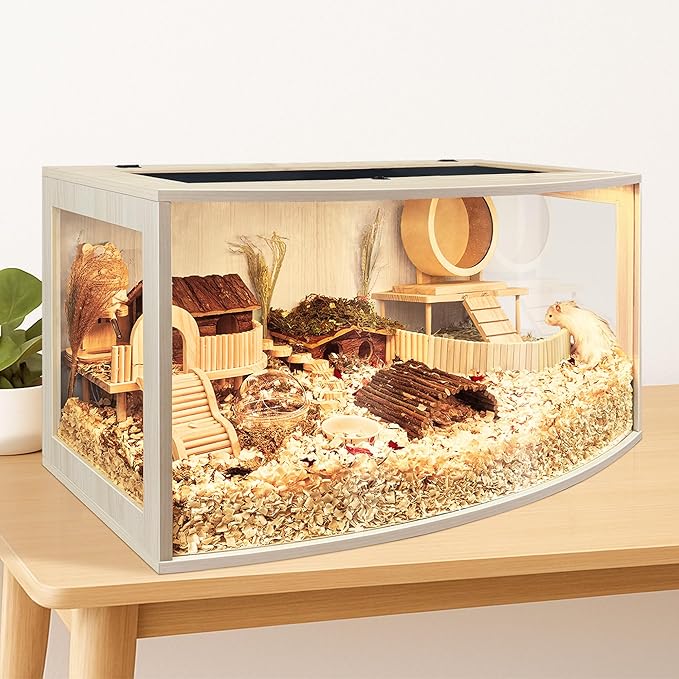 Prolee Hamster Cage Chew Proof Wood, Hamsters Enclosure Openable Top with Curved Design,Waterproof Small Animals Cage with Acrylic Sheets for Gerbils,Hamster Habitat(24 Inches)