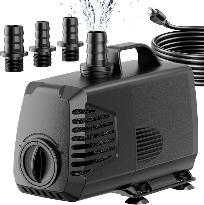 880GPH Submersible Water Pump, Water Fountain (85W 3200L/H) with 10.5FT High Lift Adjustable & 3 Nozzles & 16.4FT Cord, Ultra Quiet Aquarium Pump for Pond Fountain Waterfall Hydroponics-Q105