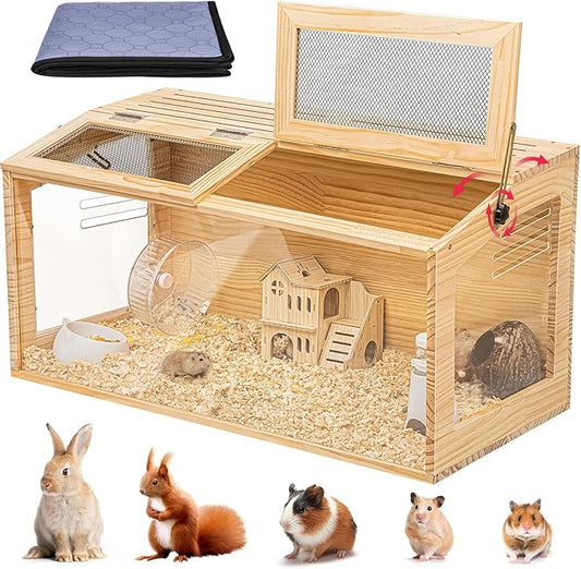 Hamster Cage 40" Wooden Chewproof, 270° Panoramic View Large Habitat with Bite-Proof Mesh, Top Dual Access Doors & Acrylic Panels, for Syrian/Dwarf Hamsters, Guinea Pigs, Chinchillas & Gerbils