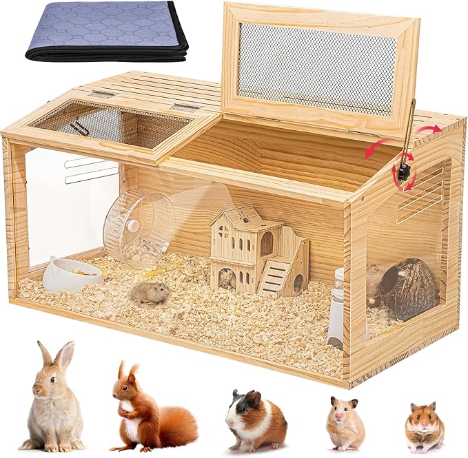 Hamster Cage 32" Wooden Chewproof, 270° Panoramic View Large Habitat with Bite-Proof Mesh, Top Dual Access Doors & Acrylic Panels, for Syrian/Dwarf Hamsters, Guinea Pigs, Chinchillas & Gerbils