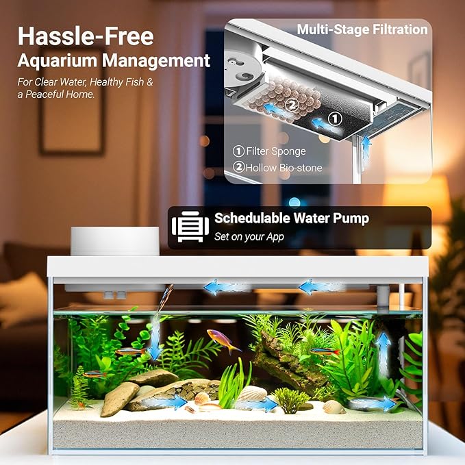 1.3 Gal Glass Desktop Fish Tank Kit with Bluetooth App Control - Automatic Feeder, RGB Lighting, Temperature Monitor & Self-Cleaning Filtration - Small Aquarium for Betta, Guppy, Shrimp