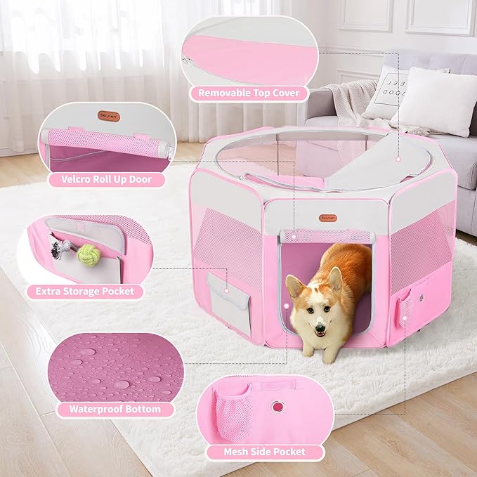 Seiyierr Dog Playpen, Portable Pet Play Pen Foldable Carrying Case, Puppy Pens Outsid for Small Cat Indoor/Outdoor, Removable Mesh Shade Cover