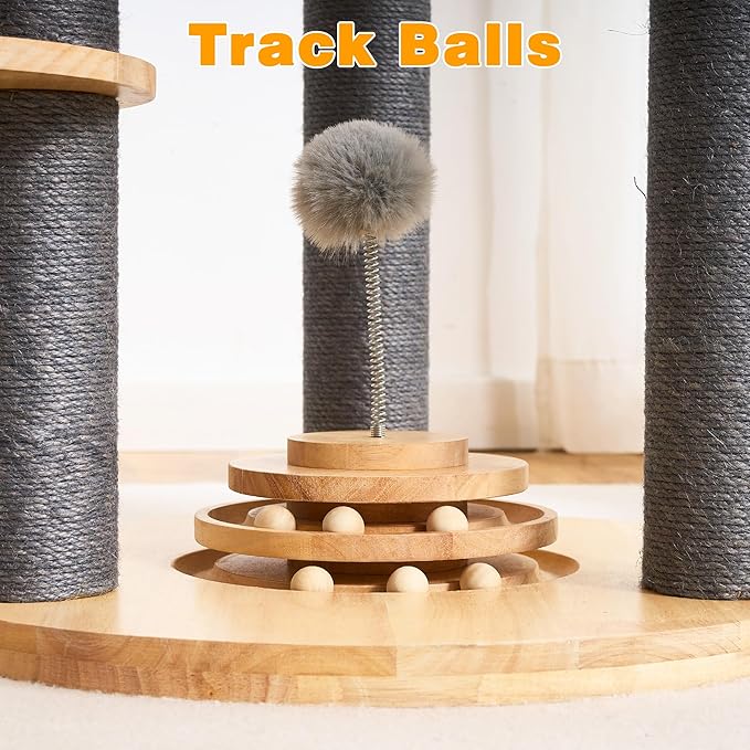 HITTITE Solid Wood Cat Tree Tower with Scratching Post, 61 Inches Tall Cat Towers with Capsule and Condo, Modern Cat Tower with Hammock and Removable Top Bed for Indoor Cats.Grey