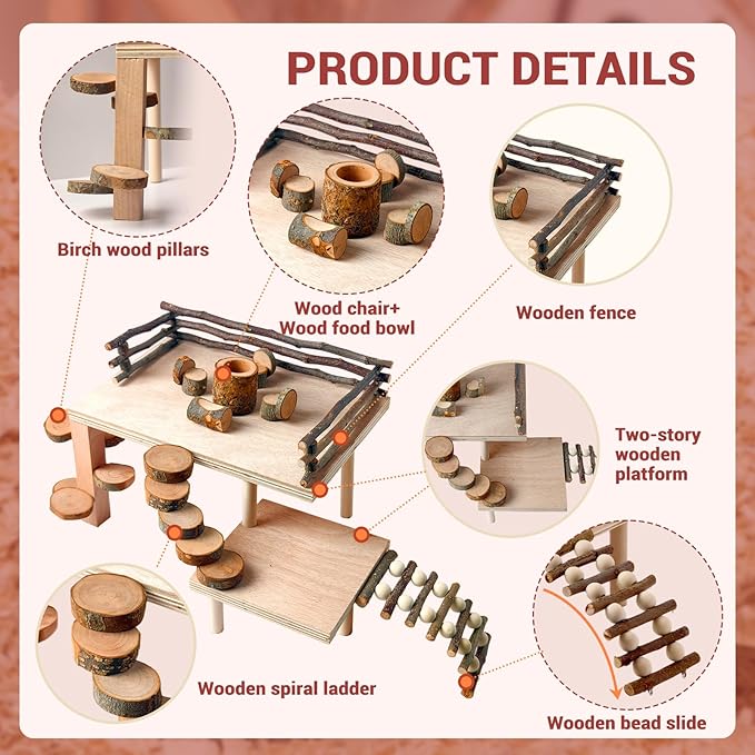 VolksRose Wooden Hamster Playground Platform, Hamster Climbing Toy, Natural Living Climb System, Small Animals Activity Set with Ladder Food Bowl Ramp Bridge for Mouse Gerbil Rat Chinchilla