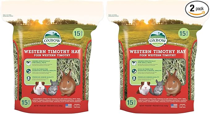 Oxbow Timothy Hay, Rabbit & Guinea Pig Hay, High Fiber for Digestive Health, Grown in the USA, Veterinarian Recommended Small Pet Supplies, for Rabbits, Guinea Pigs, & Chinchillas, 15 oz. (Pack of 2)