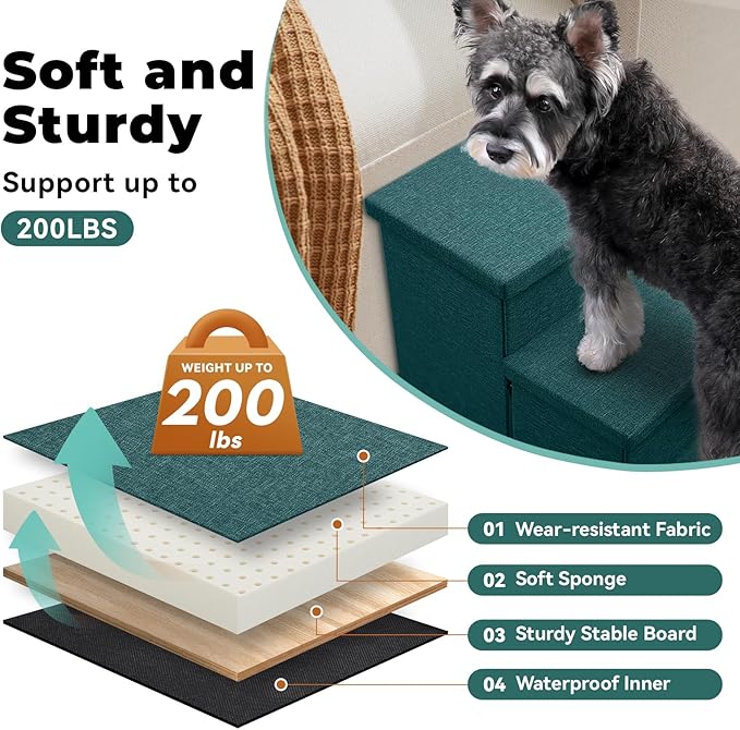 Zerbuger Dog Stairs with Storage 18" H, 3-Step Wider Dog Steps for Small/Medium/Large Old Dogs Cats, Folding Sturdy Pet Stairs for Climbing Bed Couch, Ramp for Car Hold Up to 200 lbs, Dark Green