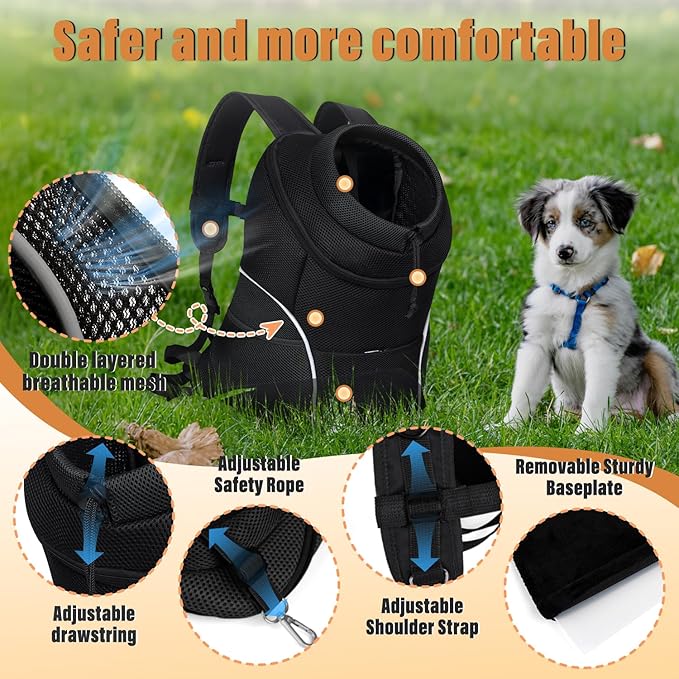 YUDODO 4-8lbs Dog Front Carrier Backpack, Adjustable Breathable Pet Carrier for Small Dogs, Ventilated Puppy Back Pack with Safety Belt, Lightweight Doggy Backpack for Hiking Outdoor (Jet Black, M)