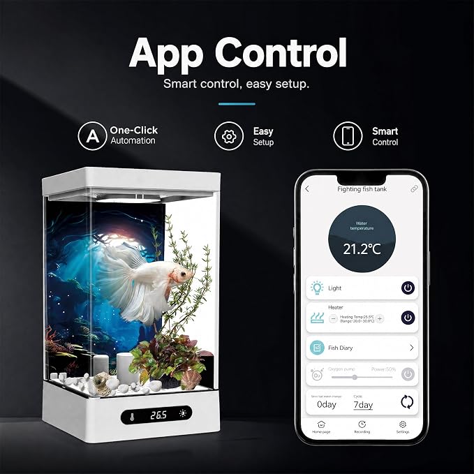 Small Shrimp Tank, 0.42 Gal Mini Fish Tank, Smart Automatic Heating, Easy Water Change Valve, and Energy-Efficient LED Lighting - Perfect for Office, Home, and Bedrooms, Single Betta Fish Only