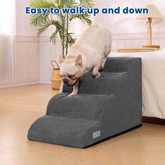 Airpanda Dog Steps for Bed, 4 Step Pet Stairs for Small and Medium Dogs, Non-Slip Dog Ramp with Washable Cover, High-Density Support Foam for Easy Climbing,Grey