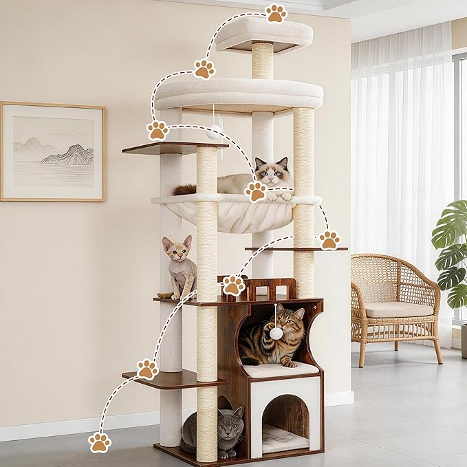 Gitelsnour Cat Tree, 70.9 Inch Wood Cat Tower for Large Cats Adult, Modern Cat Furniture with Double-Layer Wooden Cat Condo, 2 Platforms, Large Hammock and Scratching Posts, Rustic Brown GCT102SR