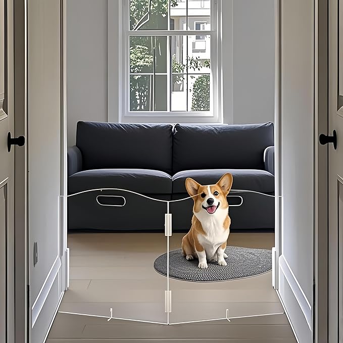 Clear Acrylic Dog Gate for Indoor Use – 2 Panel Pet Gate for Doorways, No Drilling, Foldable Dog Barrier,Foldable Doggy Cat Fence with Support Feet for Home, Stairs, and Puppy Playpen