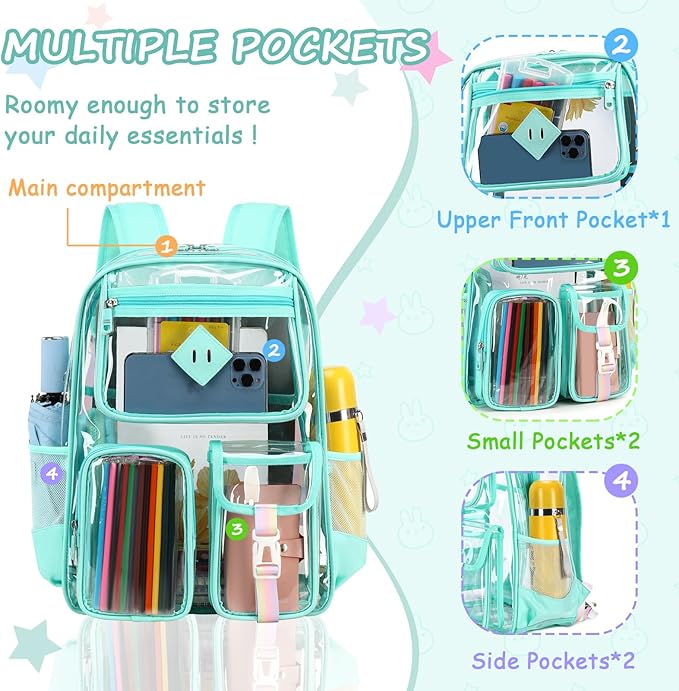 PIG PIG GIRL Clear Backpack for School,Heavy Duty PVC Transparent Bookbag for Girls Stadium Approved See Through Backpack