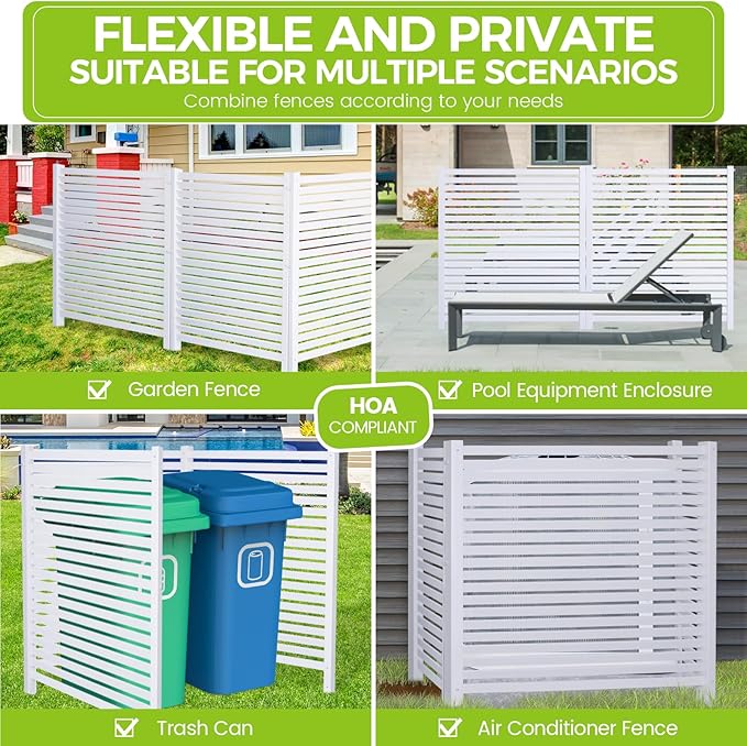 48" W X 48" H Air Conditioner Fence Trash Can Fence 48" W X 48" H Pool Equipment Enclosure Vinyl Privacy Fence Outdoor No Dig Privacy Fence 2 Panels with Metal Stake, White