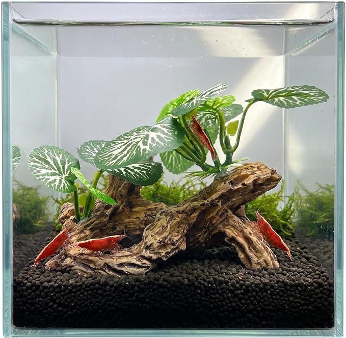 Aquarium Driftwood Decor 4 Inch - Resin Driftwood with Silk Plant Leaves, Fish Tank Decoration for Betta, African Dwarf Frog, Shrimp Hideout