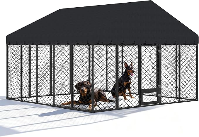 10x10FT Dog Kennel Outdoor with Roof - Heavy Duty Metal Fence Playpen for Large Dogs, Weatherproof Enclosure with Double Lock Gate & Feeding Swivel Door