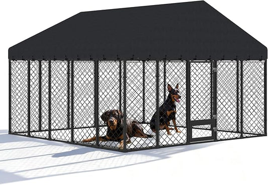 10x10FT Dog Kennel Outdoor with Roof - Heavy Duty Metal Fence Playpen for Large Dogs, Weatherproof Enclosure with Double Lock Gate & Feeding Swivel Door
