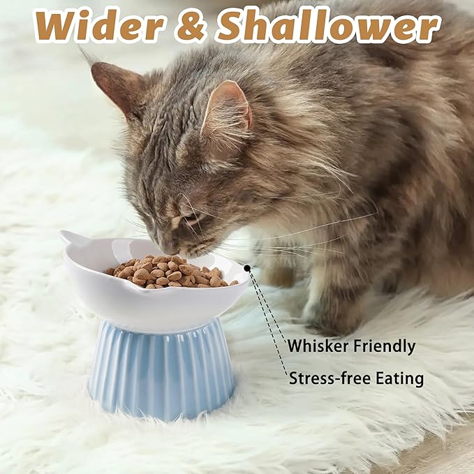Ceramic Raised Cat Bowl，Tilted Raised Cat Bowl Anti Vomit Cat Bowls for Indoor Cats Whisker Friendly Pet Feeder for Cats Puppies, Microwave and Dishwasher Safe, Blue