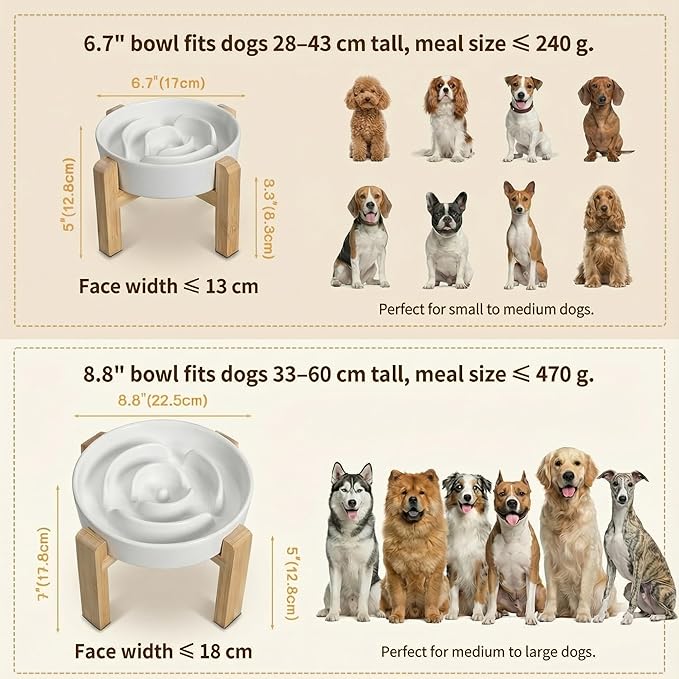 Elevated Slow Feeder Dog Bowl Large Breed, 8.8 Inch Ceramic Slow Eating Bowl with Screw-Assembled Bamboo Stand, Anti-Choking Raised Maze Design for Medium to Large Dogs, 3.2 Cup, White
