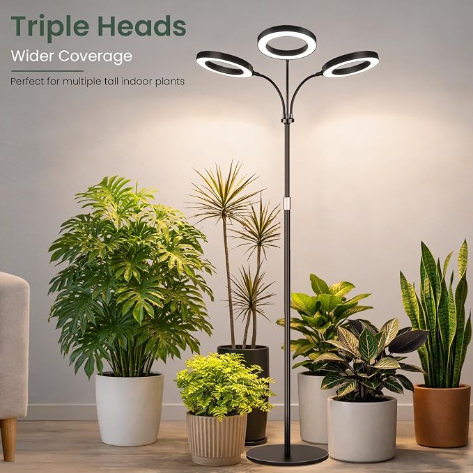 LBW 3-Head Grow Light with Stand for Indoor Plants, Full Spectrum Grow Light for Tall Large Plants, Adjustable Height up to 68", Auto Cycle Timer 6/8/12/16H, 5-Level Dimming, 3 Lighting Modes, Black