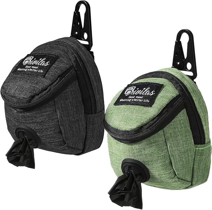 Talltalk 2 Pieces Dog Treat Pouch Pet Dog Poop Holder Dispenser Outdoor Carrier Waste Zipper Pouch with Metal Button for Most Leash (Green, Black)