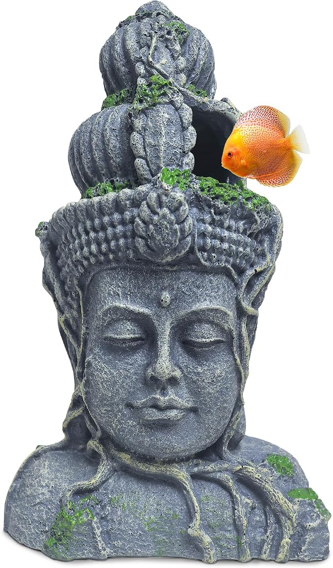 Hamiledyi Buddha Head Statue Aquarium Decorations Resin Fish Hideout Betta Cave for Large Fish Tank Ornaments Betta Sleep Rest Hide Play Breed(Small Size)