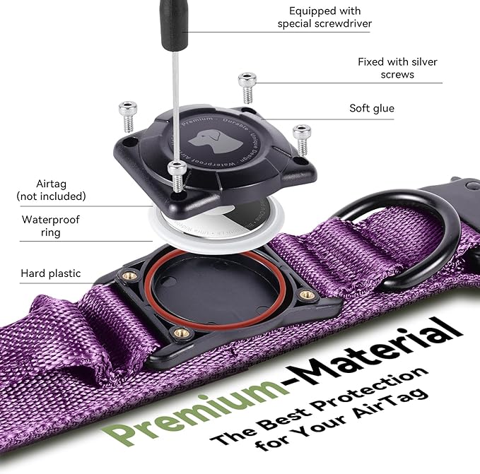 2026 Upgrade Waterproof AirTag Dog Collar, Military Tactical Dog Collar with AirTag Holder, Comfortable Control Handle and Metal Buckle, GPS Dog Collar Holder for Medium to Large Dogs (Purple, M)