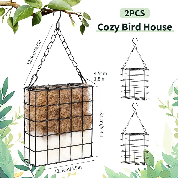 2Pcs Hummingbird Nesting Material Cage Holder with Natural Mixing Cotton Materia，Refillable Hummingbird Nesting Material Cage Holder for Bird Lover Hummingbird House Material