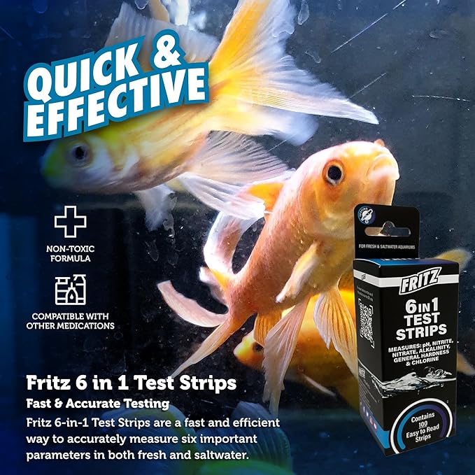 Fritz 6 in 1 Aquarium Test Strips - Monitor Nitrates, Nitrites, Water Hardness, Chlorine, Alkalinity and pH Level - 100 Count