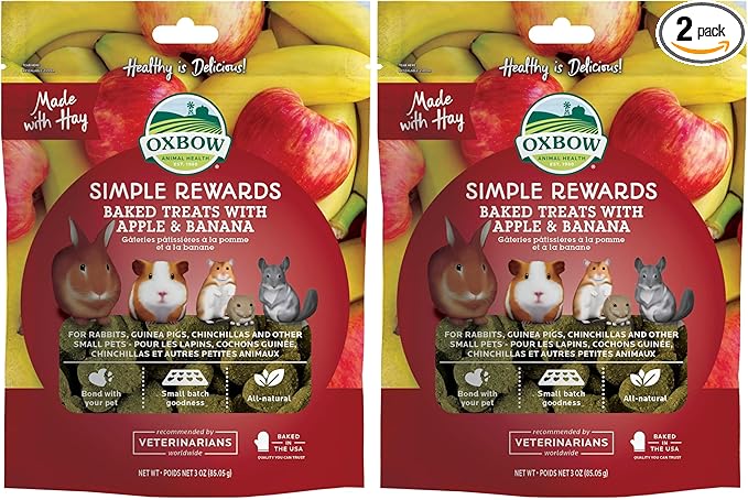 Oxbow Simple Rewards Apple Banana Treats, Timothy Hay Guinea Pig & Bunny Treats, Pet Snack, Made Guinea Pig Hay, Made in USA, Timothy for Rabbit, 3 oz Bag (Pack of 2)