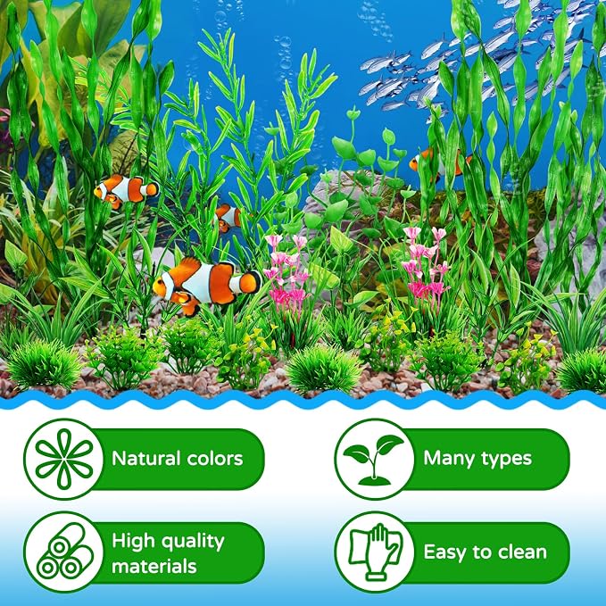 QUOZUO Green Fish Tank Decor Aquarium Plants, 25pcs Fish Tank Decorations Plants, Fish Tank Accessories, Aquarium Decor Artificial Plants, Small to Large